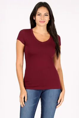 Women's Basic V-Neck T-Shirt Soft Cotton Knit Short Sleeve Solid Plain Top • $11.99