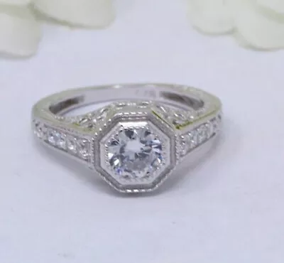 Vintage Filigree Engagement Ring 14K White Gold Plated 2 Ct Simulated Diamond • $96.82