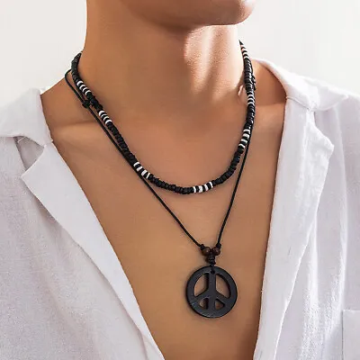 Men's Pendant Necklace Double Layered Wearing Wooden Beads Wax Thread Chain • $6.09