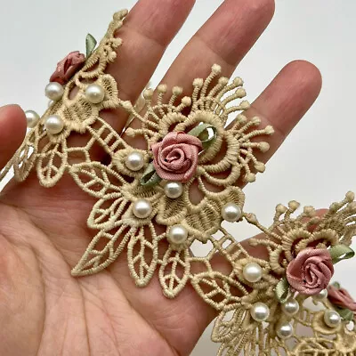 £4.65 • Buy 1 Yard Rose Flower Beaded Embroidered Trim Lace Ribbon Sewing Wedding Dress
