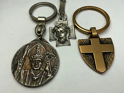 Catholic Pope John Paul II Vatican Medal & Jesus Head & Cross Keychains Lot Of 3 • $9.83