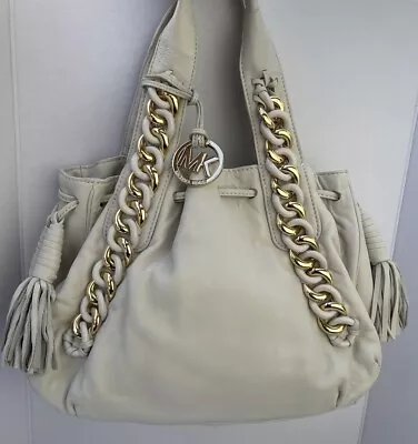 MICHAEL KORS Cream Off White Leather Satchel Hobo Bag Gold Chain Link & Tassels • $29