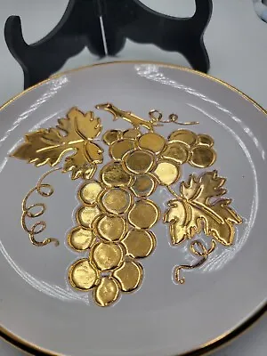 $38 • Buy White Porcelain Plate 24 Kt Gold Grape Designs Made In Italy