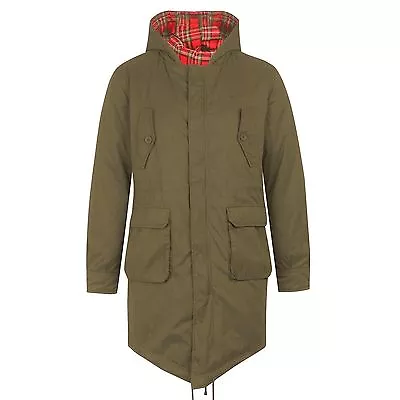 Mens Merc London Mod Fishtail Check Tartan Lined Parka Tobias - Combat Green • £139.95