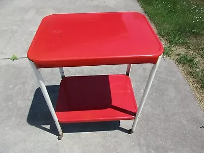 Vintage MCM Red & White Metal 2 Tier Kitchen Utility Cart W Casters 29.5 X22 X16 • $99.99