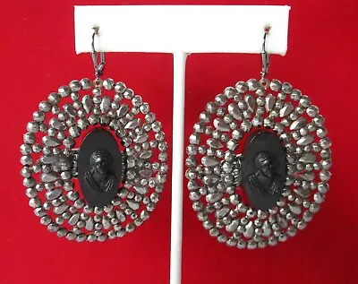 Pair Of Large Cut Steel & Vulcanite Cameo  Earrings/Gothic/Steampunk • $885