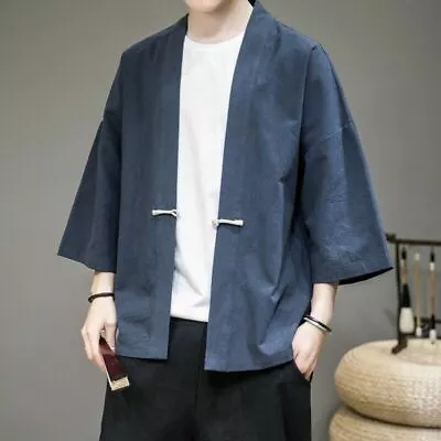 Men Cotton Linen Kimono Cardigan Retro Chinese Jacket Coat Yukata Haori Tops • $31.54