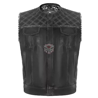 Black Leather Diamond Motorcycle Vest With Concealed Pockets With White Paisley • $42.39