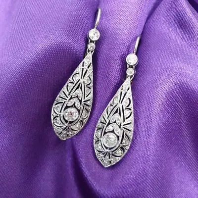 Vintage Art Deco Style Lab-Created Diamond Drop Dangle 925 Silver Earrings • $71.75