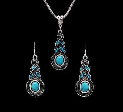 Tibetan Pendant  Silver Blue Turquoise Crystal Necklace & Dangle Drop Earrings • £4.65