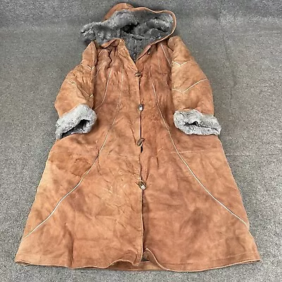 VINTAGE Sheepskin Jacket Womens Small Brown Coat Hooded Long Leather Warm Soft • £27.99