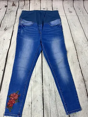 Women's Maternity Jeans 12 Blue Denim Slim Leg Floral 34  Waist 28  Leg (JL22) • £7.99