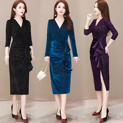 Womens V-Neck Long Sleeve Ruffle Frill Sexy Elegant Slim Dress Midi Velvet Dress • $33.98