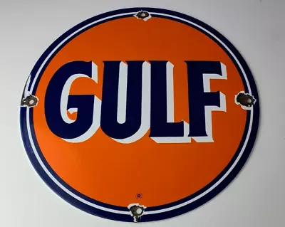 Vintage Gulf Gasoline Sign - Porcelain Enamel Gas Filling Pump Station Sign • $138.37