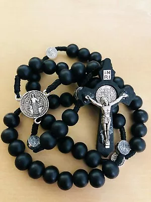 Saint St Benedict Wooden Rosary Black Wood Prayer Beads Crucifix Cross Jerusalem • $12.95