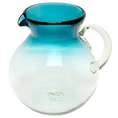 Large Blue Pitcher Hand Blown Glass Aqua Rim 128 Oz. Hand Made In Mexico • $44.98