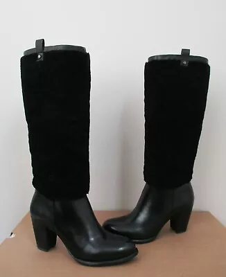 UGG Women's AVA EXPOSED FUR Tall Boot BLACK Leather/Shearling 9US NIB • $70.19