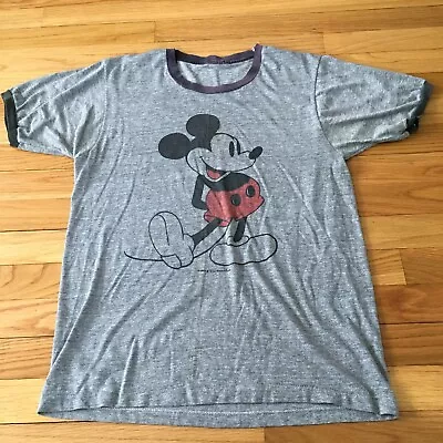 VTG 80s Mickey Mouse Ringer T-Shirt Faded Distressed Single Stitch Disney M Gray • $26.99