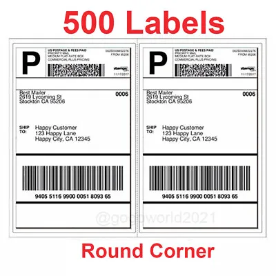 500 Shipping Labels Rounded Corners 2 Per Sheet 8.5 X 11 Self Self Adhesive USA • $24.88