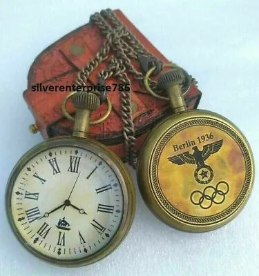 Vintage Brass Pocket Watch Antique Berlin 1936 With Leather Box Gift Marine • £22.16