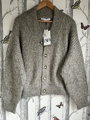 ZARA GREY WOOL BLEND KNIT BOMBER JACKET CARDIGAN Size S • £19.99