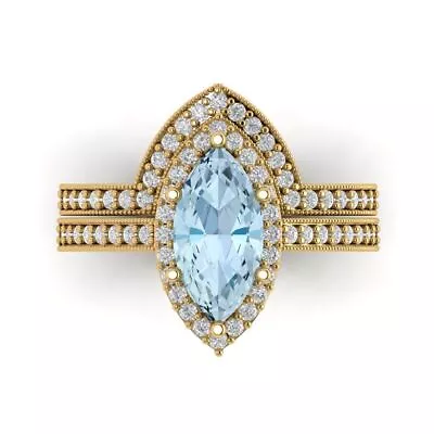 2.16 MQ Round Halo Natural Aquamarine Wedding Statement Ring Set 14k Yellow Gold • £518.44