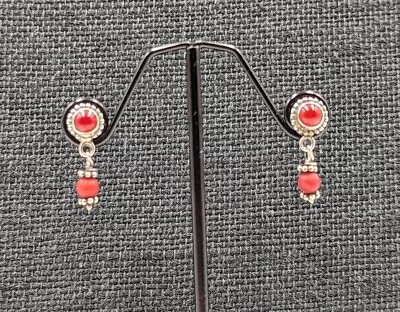 Vtg Sterling Silver Native American Dainty Red Coral Post Dangle 925 Earrings • $35.99