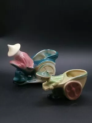 Mid Century Modern Pottery Set/2 Asian Man & Boy Pulling Rickshaws Planters • $14.99