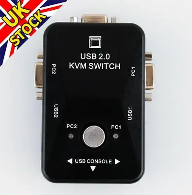USB VGA KVM Switch Box For Mouse Keyboard Monitor Sharing 2 Computer PC 2 Ports • £11.95