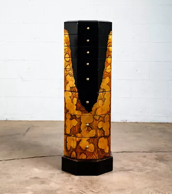 Mid Century Modern Chest Of Drawers Jewelry Pedestal Black Gold Hand Painted 70s • $848.98