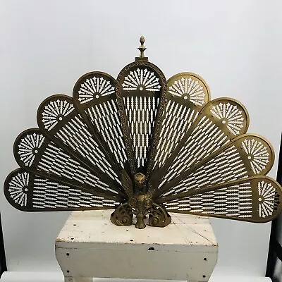Vintage Brass ART DECO Fireplace Screen Folding Griffin Peacock Fan Ornate 38” • $240