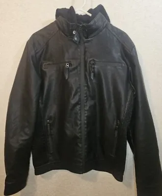 Fried Denim Black NYC Premium Faux Leather Jacket Size Medium W/Hood Preowned • $27.99