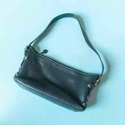 Brighton Vintage Black Genuine Leather Mini Baguette Silver Buckle Shoulder Bag • $34.95