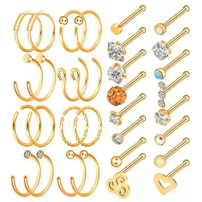 32PCS 20G C-Shaped Nose Rings Set Bone Studs Earrings Nose Hoop Body Piercing • $12.69