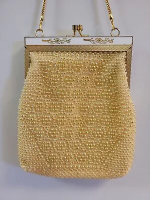 Vintage MCM Gold Beaded Purse Bag W/ White Lucite Top Hand Made In Hong Kong • $14.99