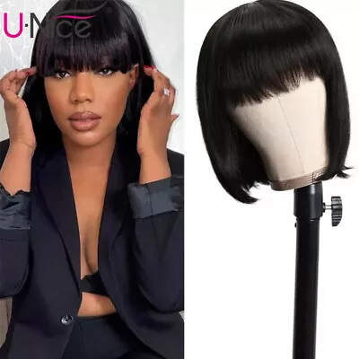 UNice Mongolian Short Bob Straight Human Hair Wigs With Bang 10  Glueless Wig US • $56.99