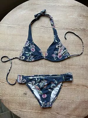 O’Neill Size L Blue Paisley Floral Triangle String Bikini Set Tab Side Hipster • $17.95