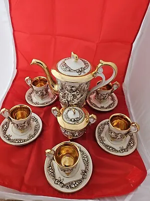 Antique Capodimonte Coffee Set 5 Cups/Saucers Lidded Sugar & Coffee Pot 22K GOLD • £125.80