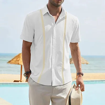 £24.95 • Buy Mens Short Sleeve Button Up Casual Top Cuban Guayabera Dress Shirts Blouse