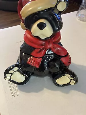 Vintage Black And Red Christmas Teddy Bear Holiday Ceramic Cookie Jar • $14.95