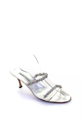 Manolo Blahnik Womens Jeweled Strapped Open Toe Spool Heels Silver Size EUR39 • $109.79