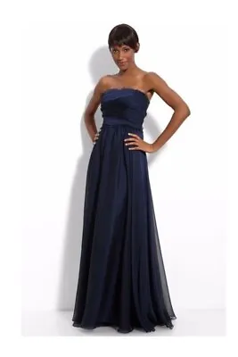 Monique Lhuillier Navy Chiffon Strapless Bridesmaid Dress Tiered Fringe Size 4 • $59