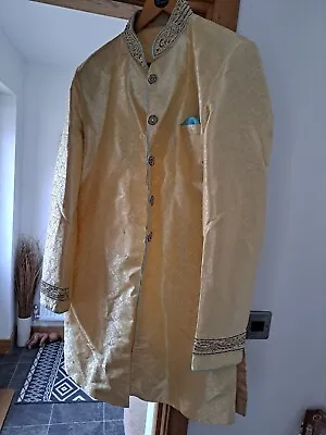 Mens Sherwani Jacket Custom Gold With Blue Trim Xl Kurta Eid Wedding Wear • £14.99