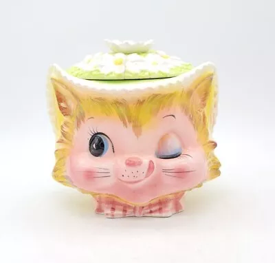 Vintage Enesco Pink Winking Kitty Cat Miss Priss Andromorphic Cookie Jar  • $249.99