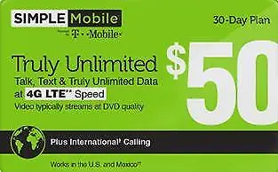 Simple Mobile $50 PLAN REFILL CARD Unlimited LTE FREE SHIPPING • $79