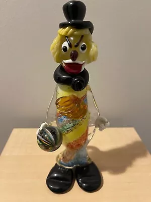 Vintage Murano Art Glass 10” Tall Clown With Black Hat Colorful Marble Sphere • $12.50