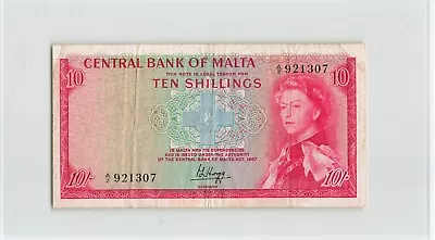 MALTA 10 Shillings 1967 (1968 QEII) P-28 Sign: Hogg A/2 921307 Nice VF.  B1 • $49