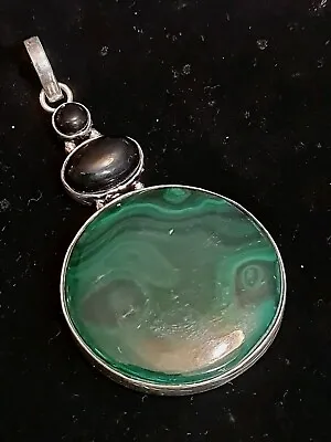 Malachite & Black Onyx Round 925 Silver Pendant. Beautiful. LARGE (2745) • £25