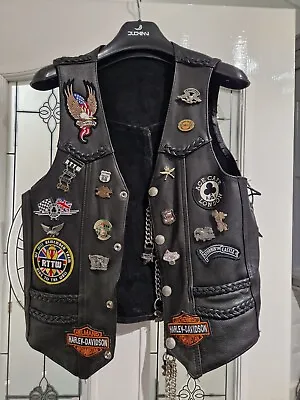 Genuine Leather Bikers Waistcoat With Chains Patches And Badges • £100