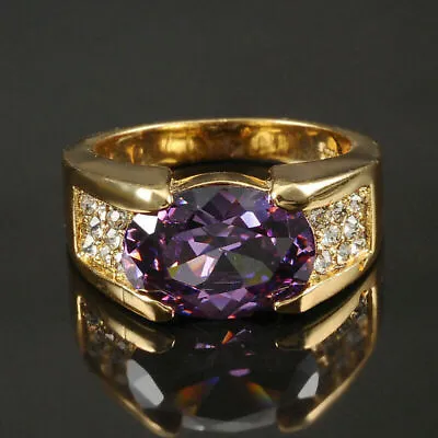 2Ct Oval Lab Created Amethyst Diamond  Men's Band Ring 14K Yellow Gold Plated • $115.49